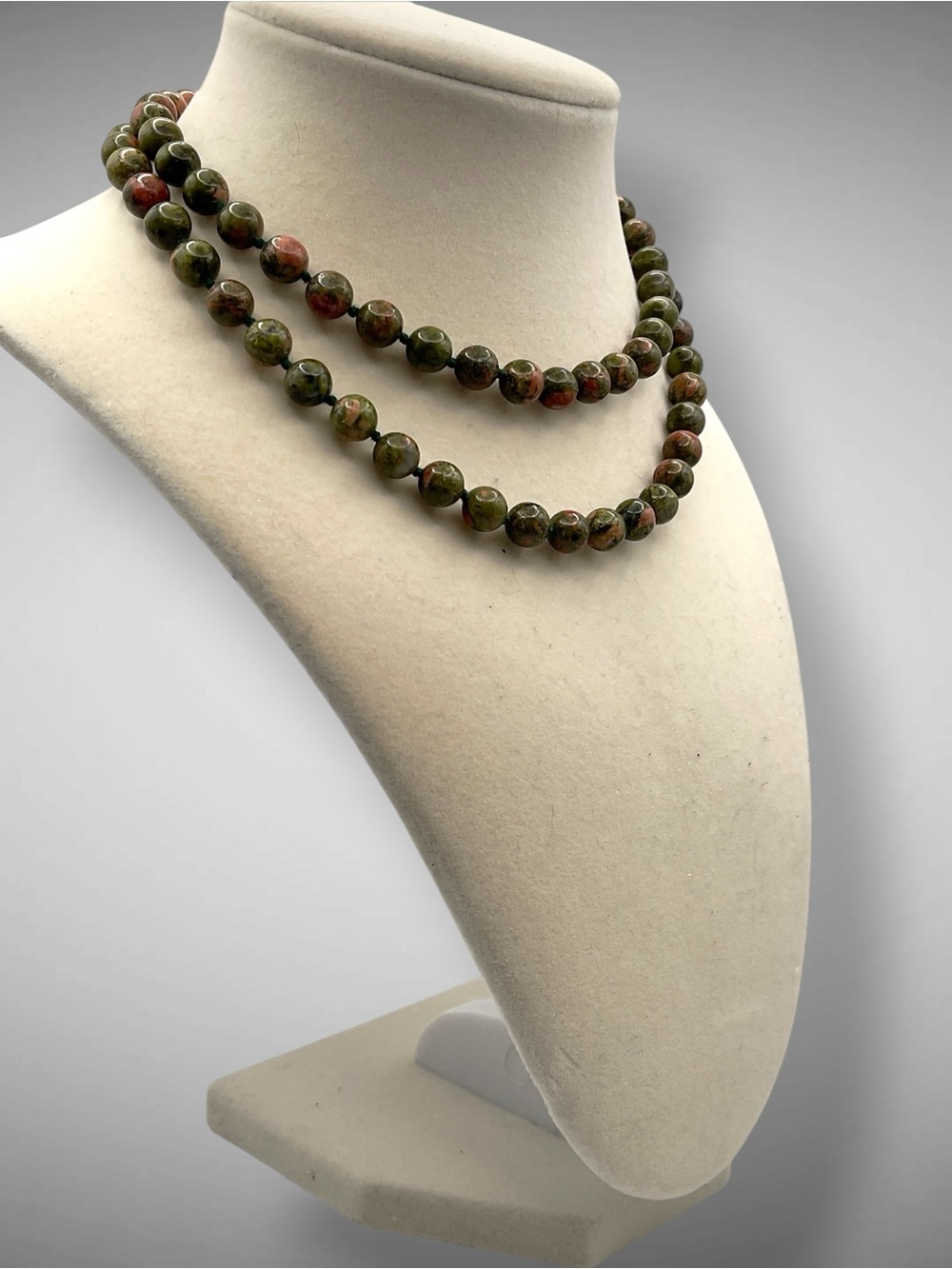Vintage Genuine Unakite Jasper Hand Knotted Gemstone Beaded Strand Necklace Boho